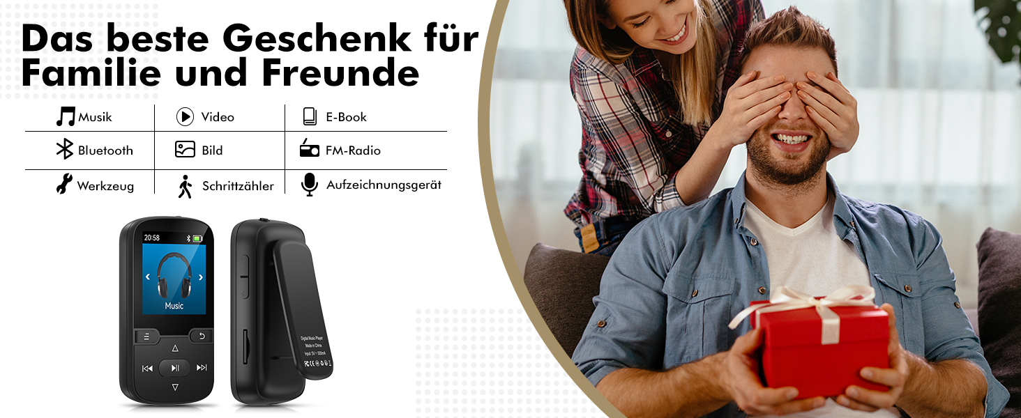 MP3 плеєр Bluetooth 5.3 з кліпсою, HiFi спортивний плеєр для дітей з FM-радіо, диктофоном та крокоміром, 64GB, чорний