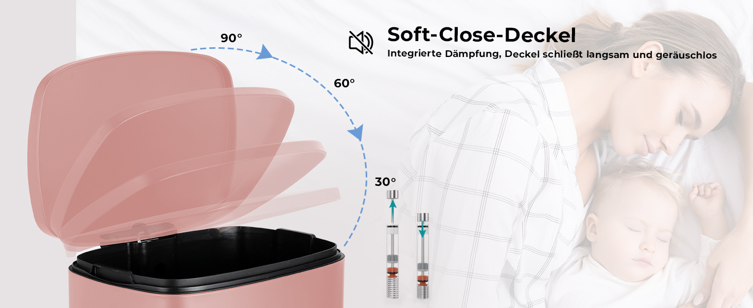 Відро для сміття LIFERUN 30л з кришкою, м'яким закриттям, з внутрішнім відром, сталеве, для кухні, ванної кімнати, офісу, рожеве