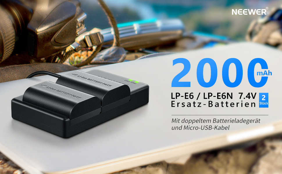 Запасний акумулятор Neewer LP-E6/LP-E6N для Canon (2 шт., 2000mAh) з зарядним пристроєм, сумісний з EOS 7D Mark II, 5D Mark IV та ін.