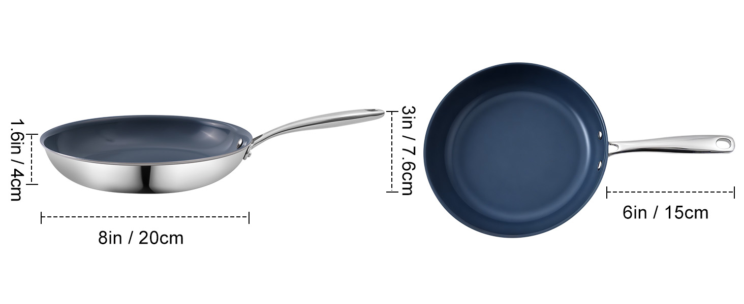 Сковорода з нержавіючої сталі з антипригарним покриттям Creamic, 20 см, без PFOA, PTFE та PFAS, для здорового харчування, сумісна з індукцією, електрикою та газом
