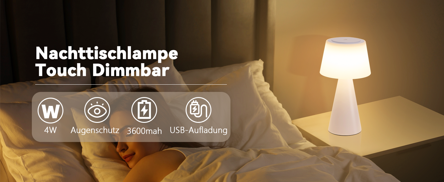 Настільна лампа акумуляторна LED біла з USB зарядкою, диммер, 3600mAh - для спальні, вітальні, вулиці