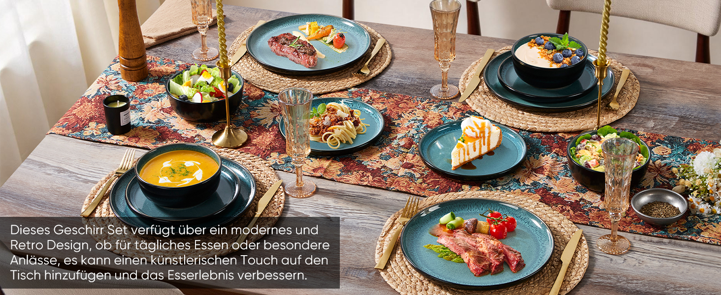 Набір посуду HaWare для 6 осіб, 18 предметів: тарілки, десертні тарілки, миски, стельова глазур, посуд для сервірування столу, блакитний колір, безпечний для мікрохвильовки та посудомийної машини