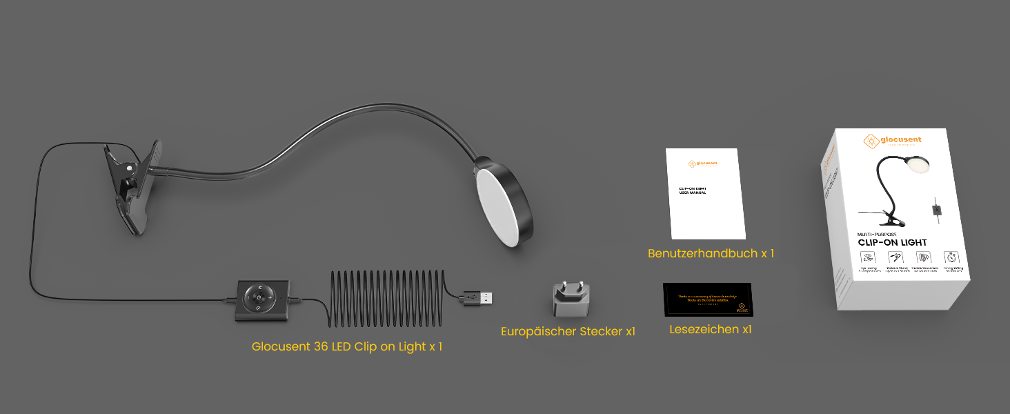 Glocusent 5W LED Лампа для читання на ліжко, кліпса, 36 LED, 5 рівнів яскравості, гнучкий тримач, CRI 90, USB зарядка (біла)