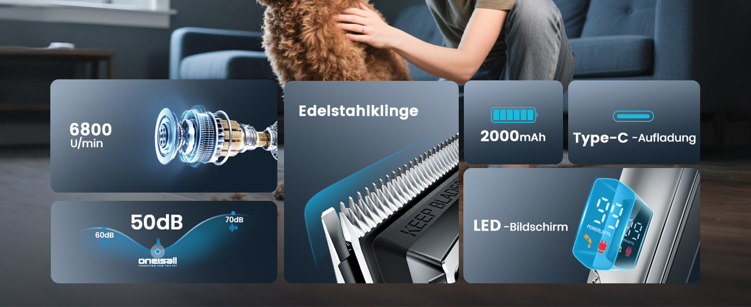 Професійна тиха машинка для стрижки собак Oneisall з довгим хутром та густою шерстю, знімні леза з нержавільної сталі, для собак, котів, коней, час роботи 4 години