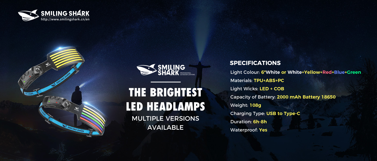 Суперяскрава налобна LED-лампа Smiling Shark, 6 світлодіодів, широкий кут, водонепроникна, акумуляторна, для кемпінгу, бігу, риболовлі