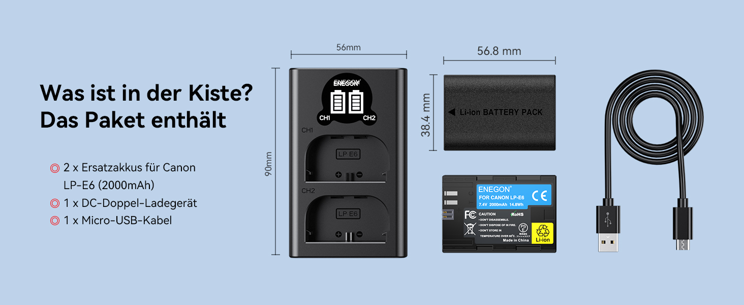Запасний акумулятор ENEGON LP-E6 (2 шт.) та розумне LED Dual USB зарядне пристрій для Canon LP-E6, LP-E6N та Canon EOS 5D Mark II/III/IV, 5DS, 5DS R, 6D, 7D, 7D Mark II, 60D, 70D, 80D та інші камери 2 x LP-E6 акумулятори + 1 x Dual LED зарядне пристрій