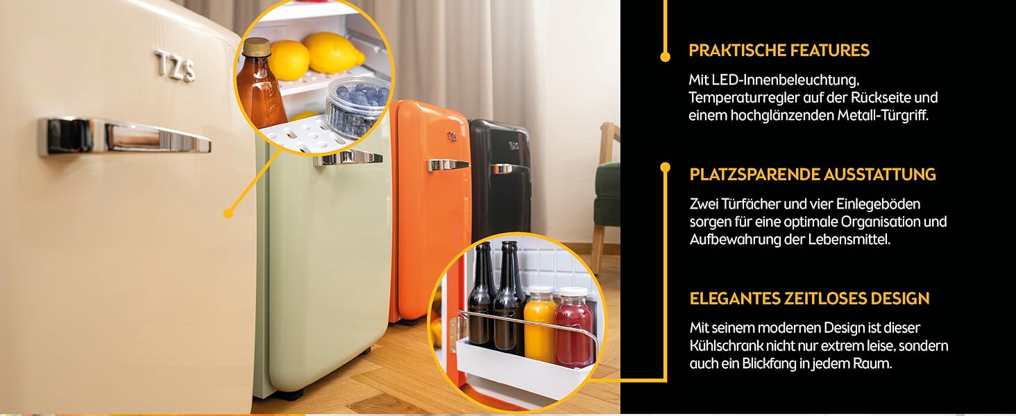 Міні-холодильник TZS First Austria 40L, безшумний, ретро-дизайн, регулювання температури, LED-підсвітка, 2 полиці на дверях + 6 регульованих полиць, оранжевий