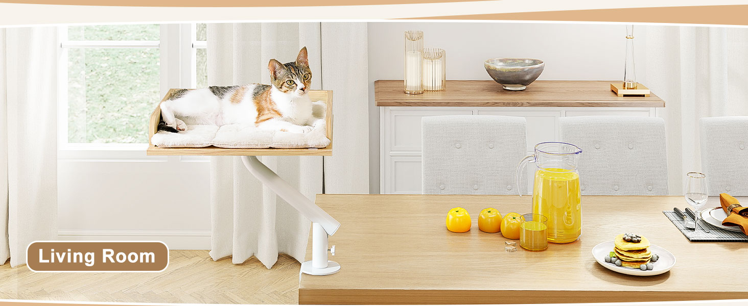 Кішка ліжко PAWZ Road для столу з інтерактивним плюшевим м'ячем, кошик для котів, 360° обертається, гамак для котів, ліжко для котів, підходить до 22.5 кг (Бежевий, прямокутний, дерев'яний)