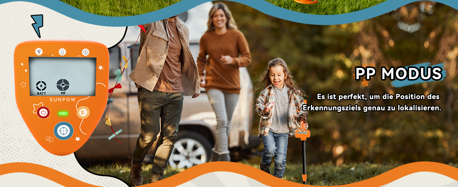 Металодетектор SUNPOW для дітей - LCD-дисплей з мультфільмами, водонепроникна котушка IP68, унісекс дизайн, 3 режими (All Metal/Disc/Pinpoint), регульована ручка 81-102 см для дітей 5-12 років, помаранчевий