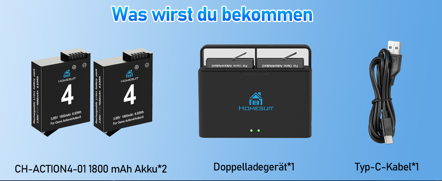 Набір акумуляторів та зарядний пристрій для DJI Osmo Action 4/3: 2x акумулятори 1800mAh + Dual USB LED зарядний пристрій