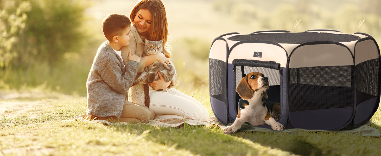 Клітка-вигул для цуценят та котів 4 Pet, складана, для дому та вулиці, з мискою, блакитно-біла