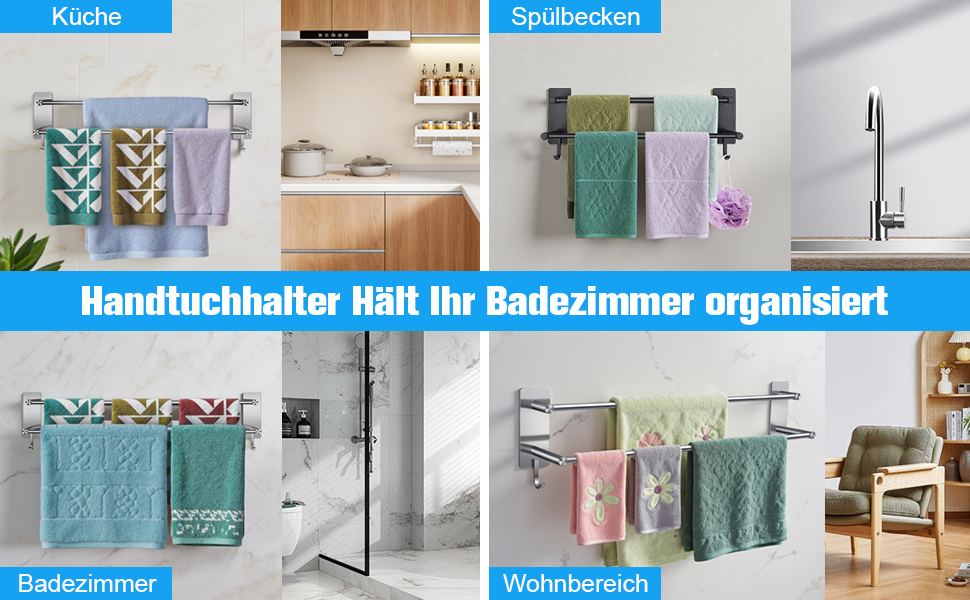Тримач для рушників без свердління, 60 см, самоклеючий, з гачками, нержавіюча сталь, вологостійкий, для ванної кімнати та кухні, срібляний
