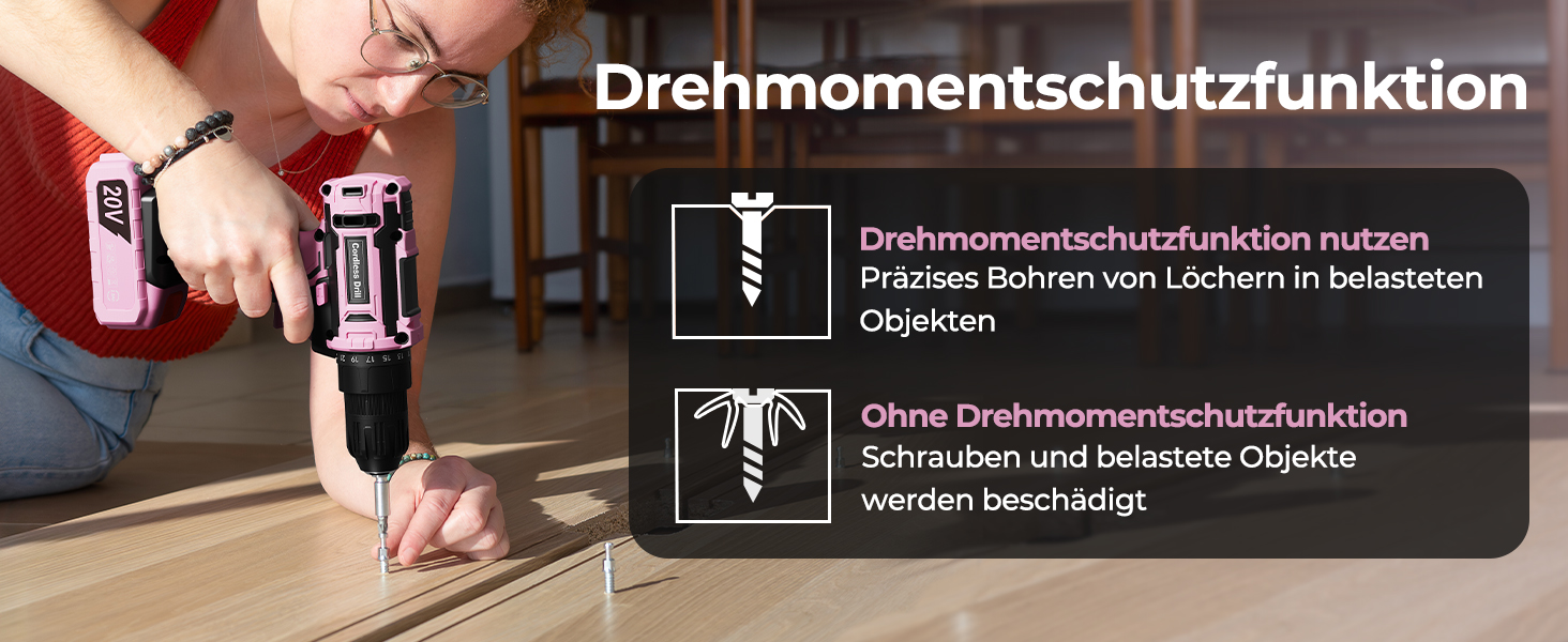 Акумуляторний шуруповерт 20V з набором аксесуарів 85 шт. (85tlg), 42Н.м, 2000mAh, 25+1 момент, 10мм патрон, легкий, LED, рожевий (для подарунка на День святого Валентина)