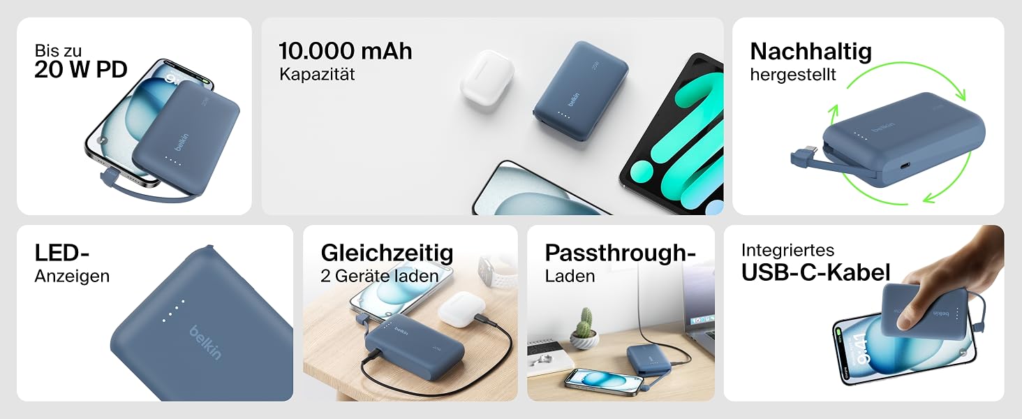 Повербанк Belkin BoostCharge 10000mAh з вбудованим кабелем USB-C, 20W, LED-індикатором, синій