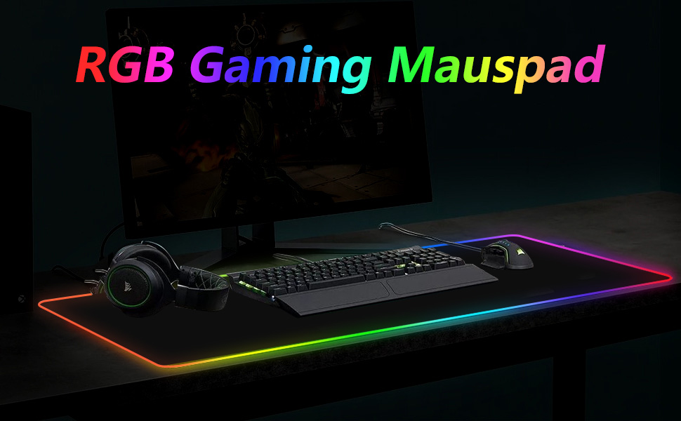 Килимок для миші ігровий RGB 800x300 мм XXL, великий, з 14 режимами підсвічування, 7 LED кольорами, вологостійкий, з антиковзким покриттям для ПК, професійний геймер, чорний
