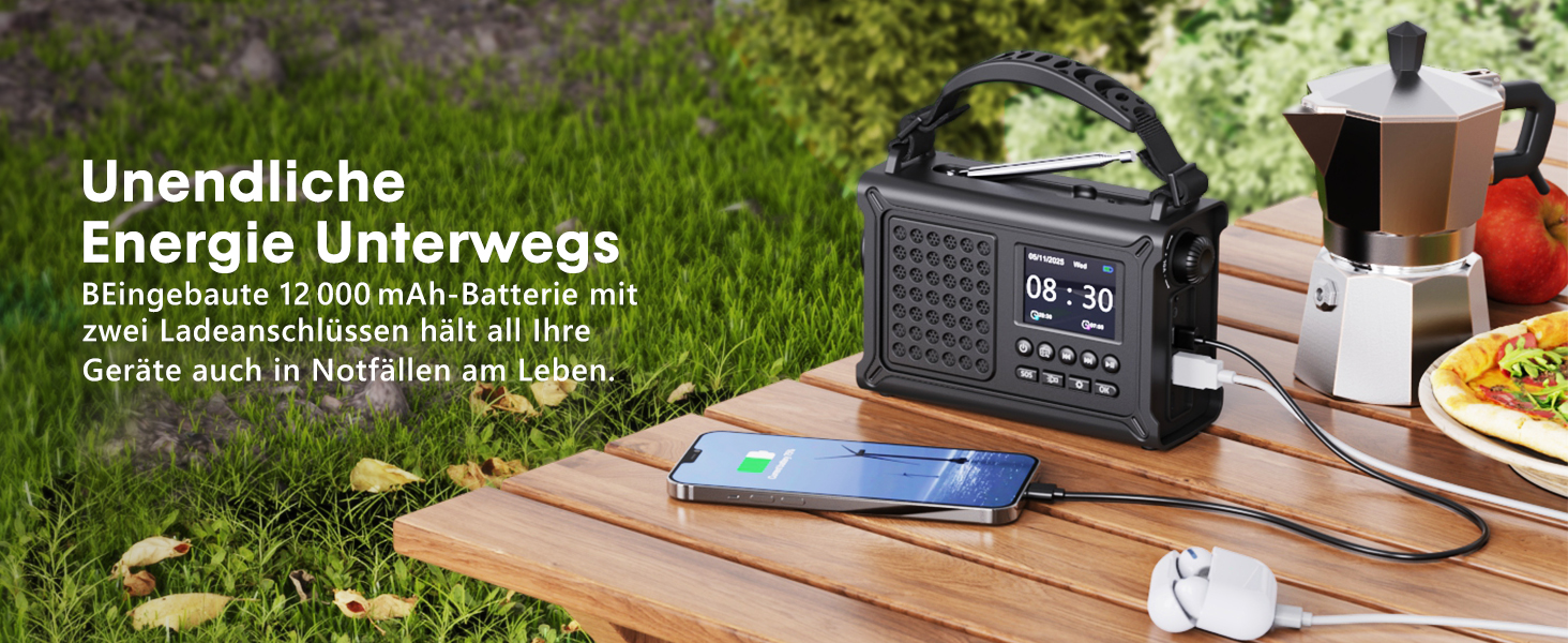 ROCAM Радіоприймач на ручку DAB+/UKW, портативне аварійне радіо з сонячною панеллю 8500 мм² та ручкою 650 мА, цифрове радіо з Bluetooth, 2.4' кольоровий дисплей, 80 станцій, SOS, LED ліхтарик, USB, IPX6 для кемпінгу, чорний