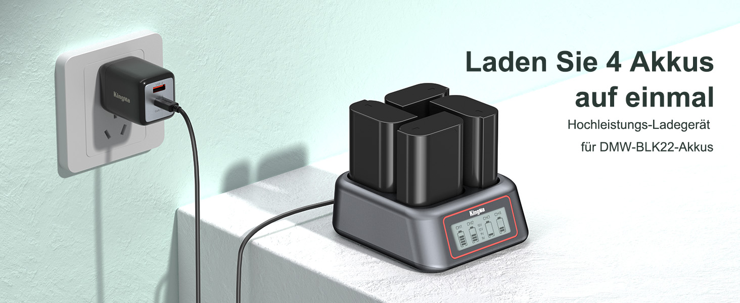 Зарядний пристрій King Ma для акумуляторів камер, 4-канальний, 45W PD, LED-дисплей, сумісний з Sony A7III/A7IV/A7RIII/A7RV/A7C/A7CII/A6700/A9/A9III/A1/ZV-E1/FX3/FX30 (DMW-BLK22)