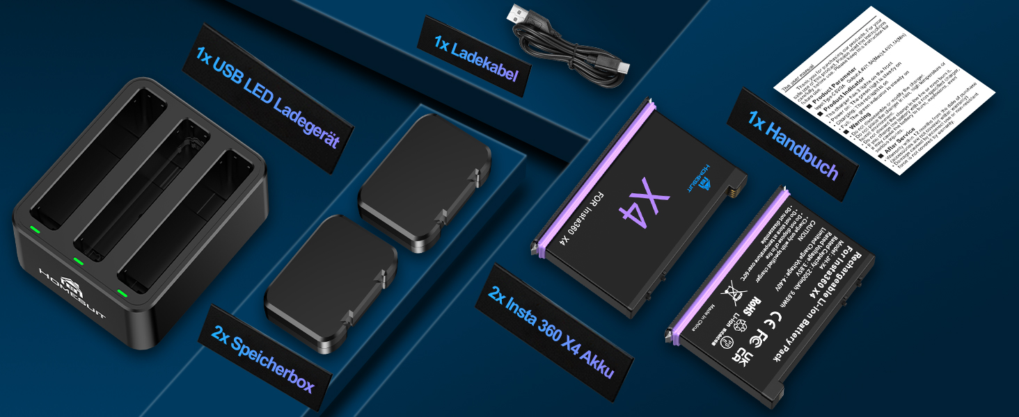 Акумулятор Insta360 X5 2 шт. 2850mAh + LED зарядний пристрій + Micro SD картридер (2x акумулятор X4, 1x LED зарядний комплект)