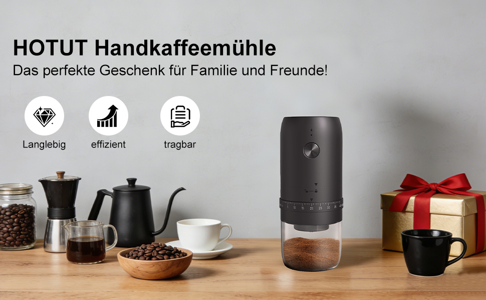 Електрична кавомолка HOTUT з регулюванням помелу, 40 ступенів, з керамічним жорном, акумулятор 1800mAh для подорожей та кемпінгу