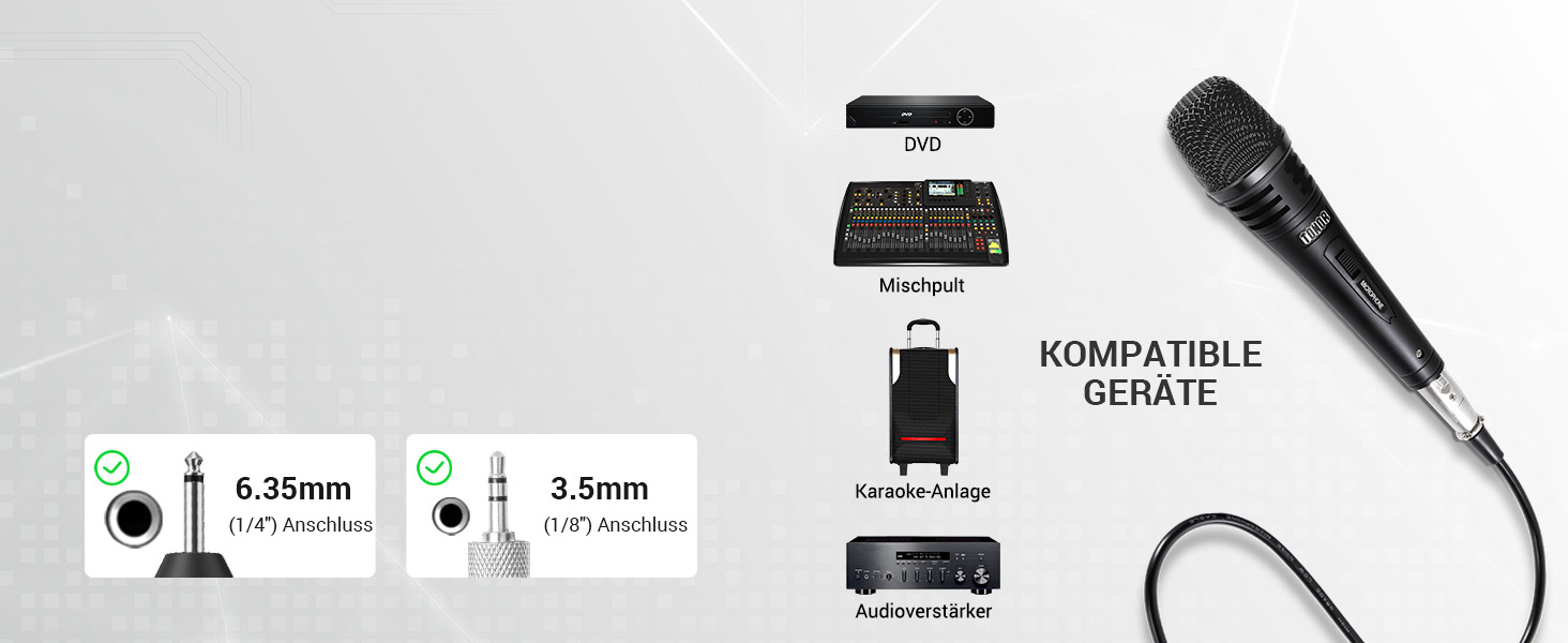 Динамічний мікрофон TONOR з кабелем XLR 5м та адаптером 6.35мм для караоке, сцени, студії та дому (чорний)