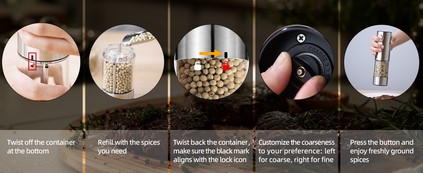 Електричний набір для солі та перцю з зарядною станцією, об'єм 110 мл, перезаряджувана солянка з 5 рівнями, керамічна млинка з щіткою (2 шт.)