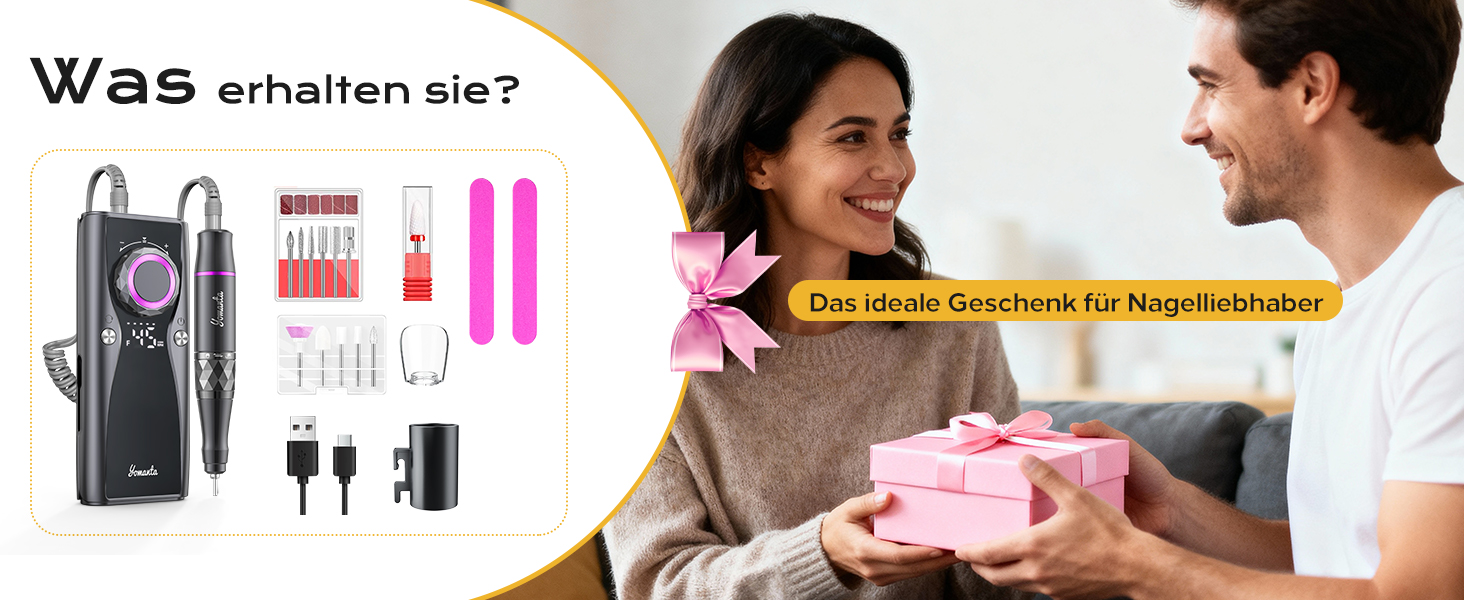 Професійний набір для фрезерування нігтів Nagelfräser: 45000 обертів, акумулятор 10H, LCD-дисплей, регулювання напрямку обертання, чорний