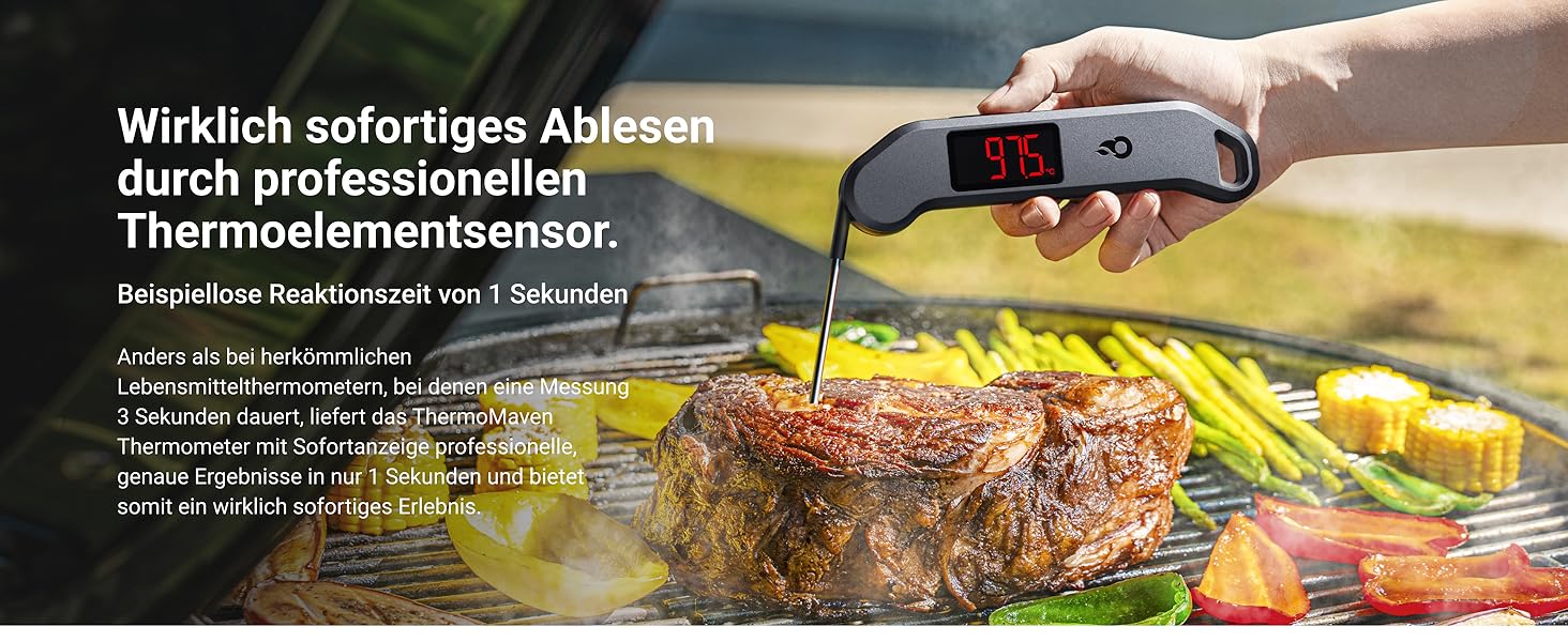 Цифровий термометр для м'яса ThermoMaven – миттєвий показник за 1 секунду, сертифікований NIST, ±0,3°C, водонепроникний (IP65), магнітний, для приготування на грилі, барбекю, духовки, кухні, чорний