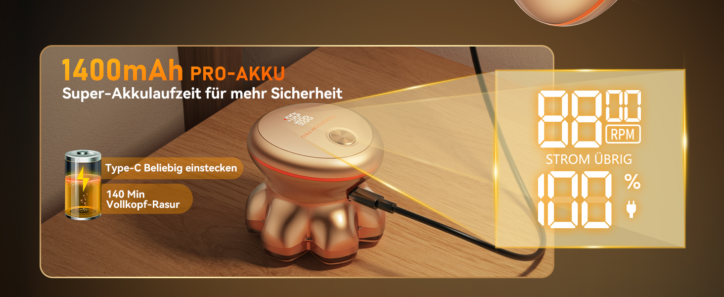 Професійний електричний стайлер для гоління голови 7D PRO Glatzen Rasierer для чоловіків. Водонепроникний (IPX6), з плаваючою головкою, акумулятор 1400mAh, швидкість 8800RPM, золота головка, USB-C, 0 мм