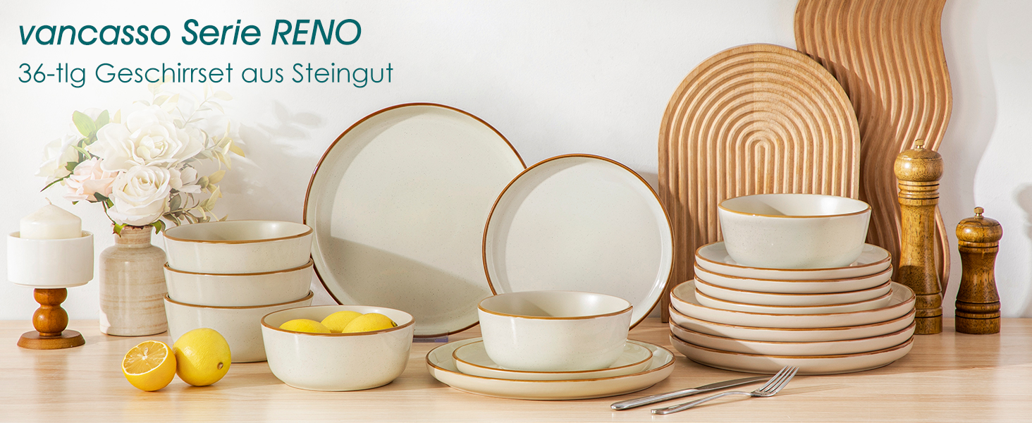 Набір посуду на 6 осіб Vancasso RENO 24 шт. з каменю, сучасний сервіз: тарілки для їжі, супу, десерту, миски. Підходить для миття в посудомийній машині та використання в мікрохвильовій печі. (Бежевий, 36 шт.)