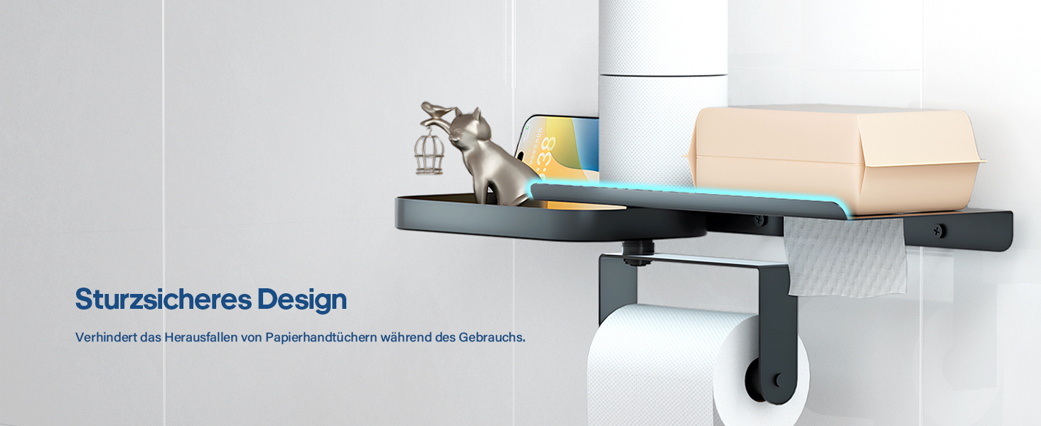 Настінний тримач для туалетного паперу з полицею, багатофункціональний, обертовий, з нержавіючої сталі, чорний мат. Підходить для ванної кімнати, кухні та пральні.