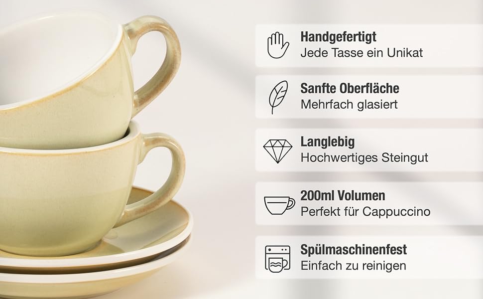 Набір кавових чашок Barista Pro Cappuccino 200мл - 4 шт. Преміум якість, ручна робота, з підставками. Кераміка Steingut.