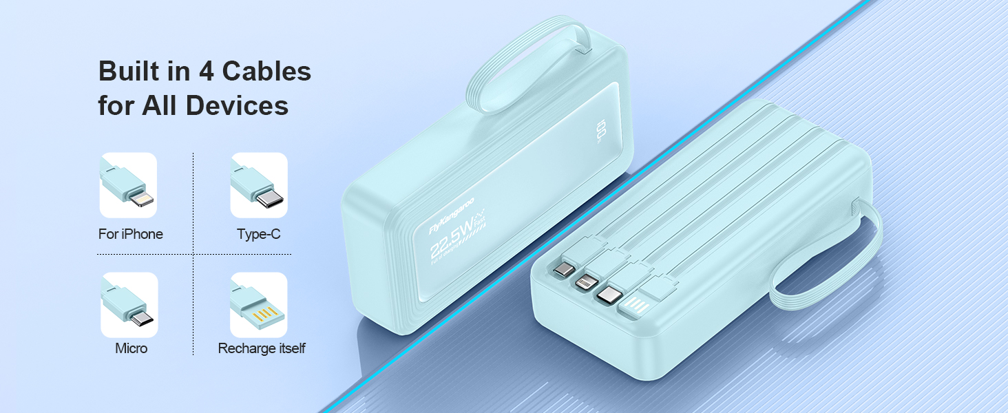 Power Bank 20000mAh, 22.5W, 6 виходів, 2 входи, LED дисплей, сумісний з iPhone, Samsung, Pixel, блакитний