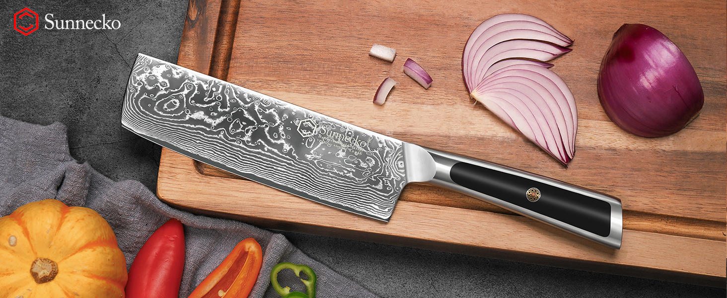 Sunnecko Nakiri 18 см – дамаський кухонний ніж, гострий багатофункціональний азійський ніж із дамаскої сталі з ергономічною ручкою для дому та кухні