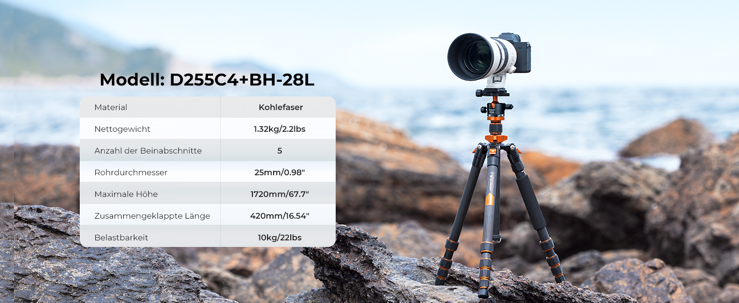 Штатив K&F Concept 172см з вуглецевого волокна, D255C4(SA255C1) - компактний штатив для камери/телефону, легкий трипод з функцією монопода, 1/4” гвинт, туристичний штатив з кульковою головкою 360° для DSLR, до 10кг