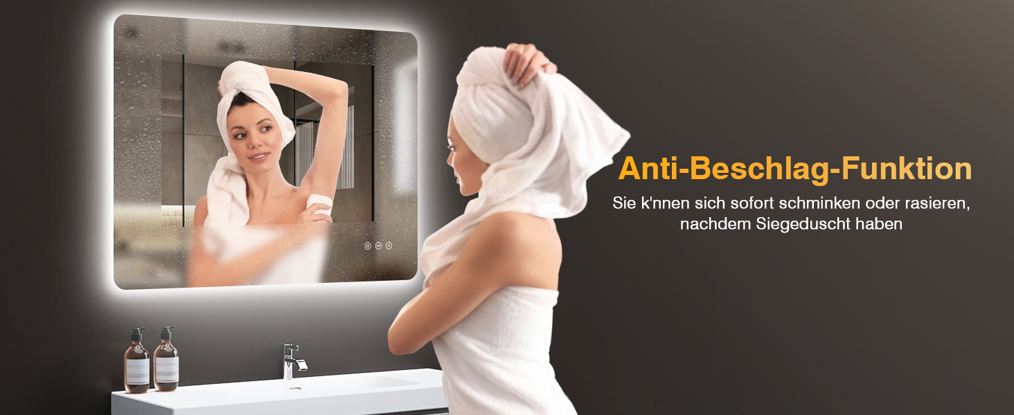 Дзеркало для ванної кімнати з підсвічуванням LED, 100x60 см, 3 кольори світла, регулювання яскравості, пам'ять, сенсорне управління, IP44, захист від вологи