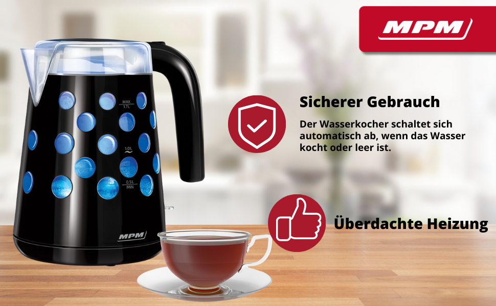 Електричний чайник MPM MCZ-85/G1, 1.7 л, без BPA, бездротовий, 360° обертання, антинакипний фільтр, автовимкнення, чорний, 2200W