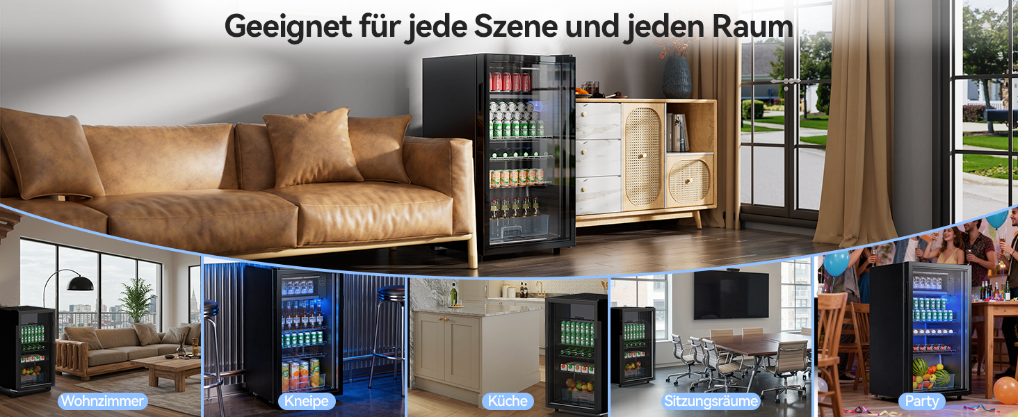 Холодильник для напоїв на 85 літрів з скляними дверцятами та блакитним LED-підсвічуванням, 3 регульовані полиці для соди/пива/вина, ідеальний для дому та вечірок