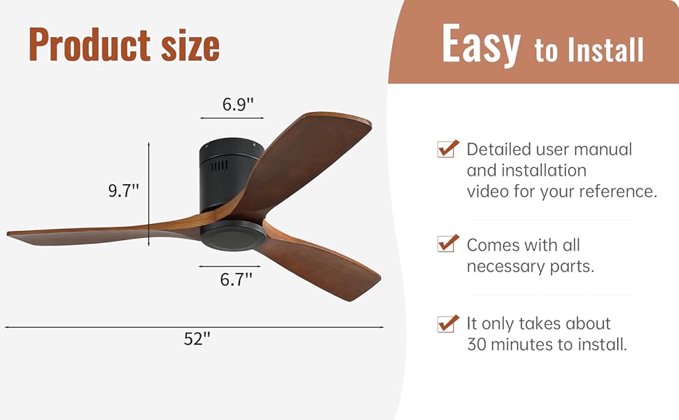 Стеляний вентилятор Sofucor з пультом керування, дерев'яний вентилятор з 3 лопатями, 132 см, тихий, 6 швидкостей, таймер, DC двигун, режим літо/зима для спальні без освітлення + монтаж врізний, темне дерево