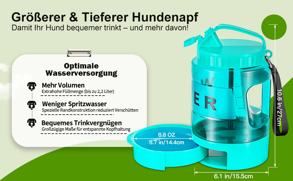 Поїлка для собак Lesotc 2200 мл, велика, для подорожей та кемпінгу (м'ятний)