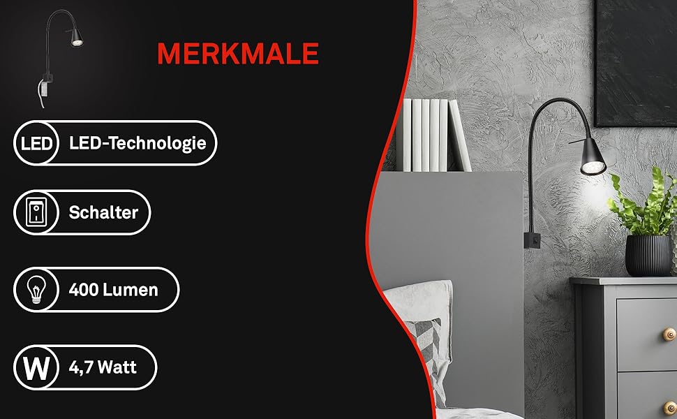 Світлодіодна настінна лампа Briloner з регульованим кріпленням, GU10 4.7W, 400lm, тепле біле світло, чорна. Лампа для читання, нічник, бра.