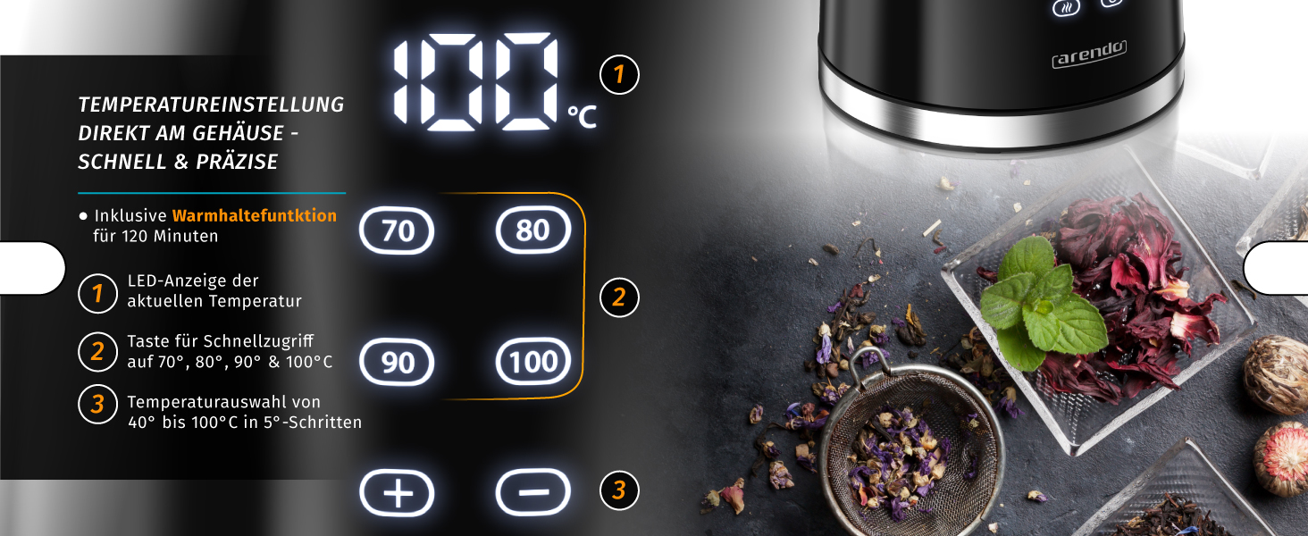 Електричний чайник Arendo з регулюванням температури, нержавіюча сталь, подвійні стінки Cool Touch, дисплей, бездротовий, 2200 Вт, 1,7 л, захист від перегріву, функція підтримання тепла, чорний