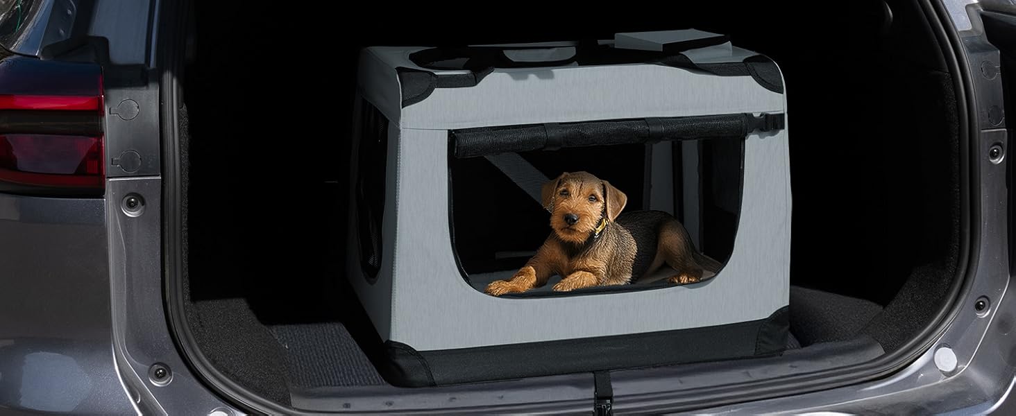 Juskys Collapsible Dog Carrier Box with Blanket, Bag & Handles - Portable Dog Travel Box for Dogs, Cats & Pets - Oxford Fabric Dog Crate, Car Pet Carrier - Grey (70x50x52 cm)