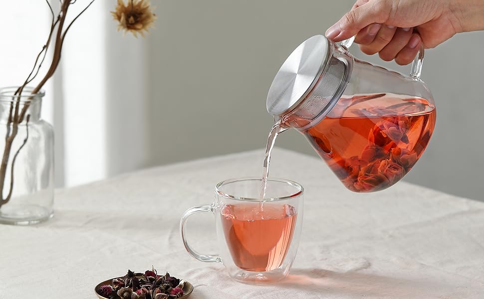 Скляний чайник CNGLASS з кнопкою One-Touch, 600 мл, з фільтром із нержавіючої сталі, термостійкий заварник для листового чаю, прозорий