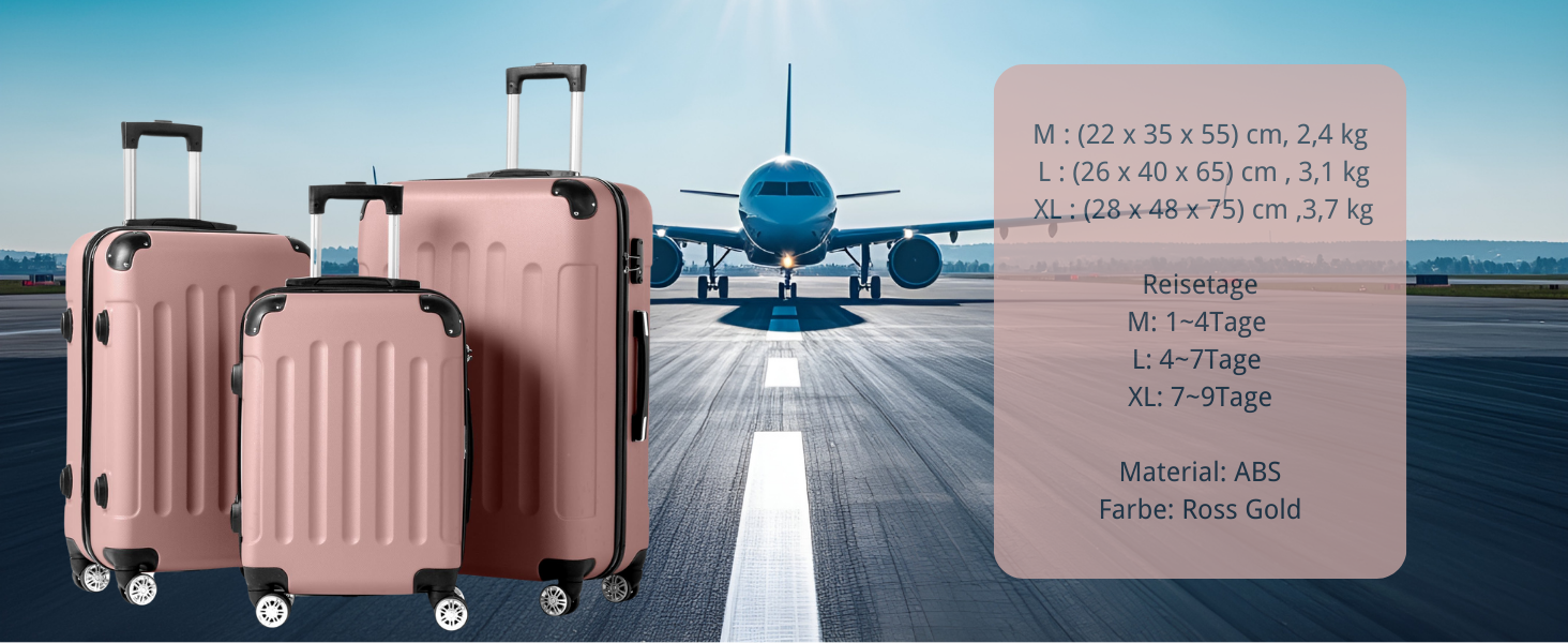 Набір валіз LALAHO 3 шт. з косметичками, рожеве золото, ABS пластик