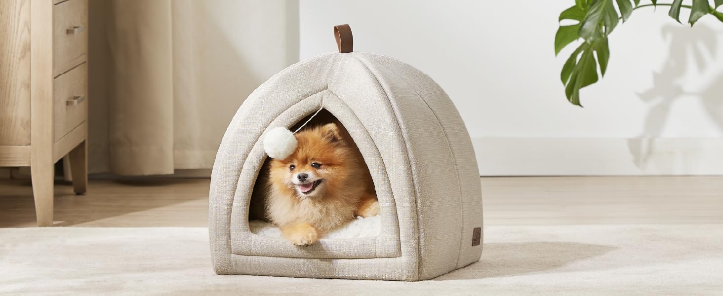 Ліжко для котів BEDSURE велике, 44x44x44 см, хатинка для котів, з м'якою подушкою Sherpa та іграшкою, миється, бежеве