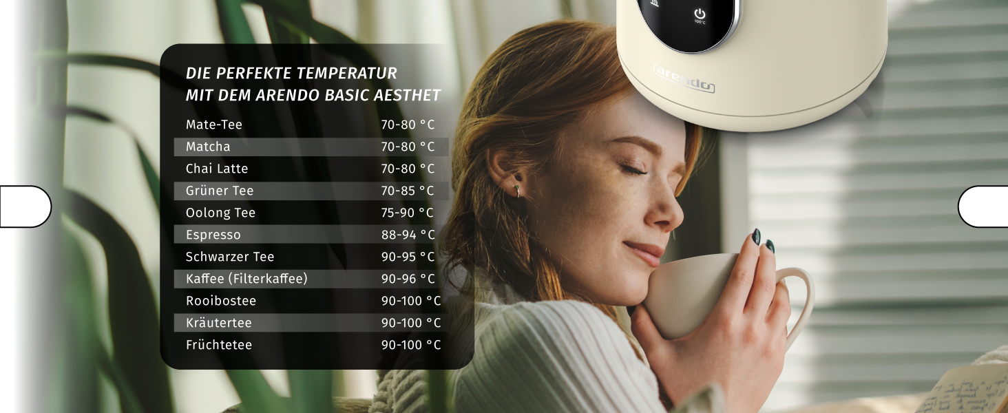 Електричний чайник Arendo з регулюванням температури 40-100°C, нержавіюча сталь, 1.7л, 2200 Вт, з функцією підігріву та захистом від перегріву