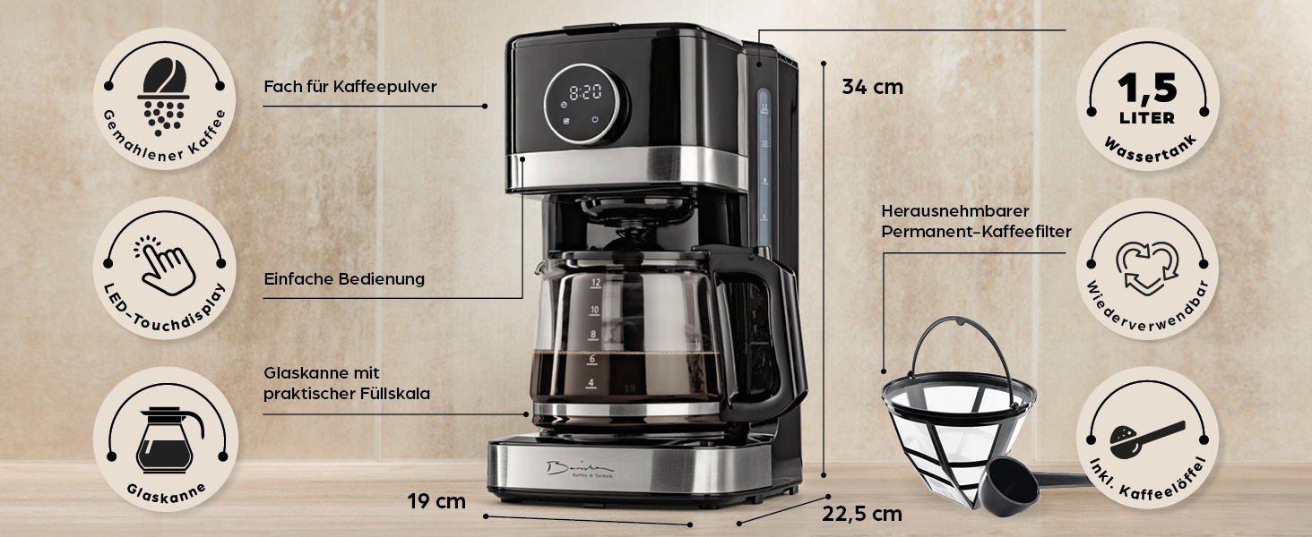 Кавомашина Barista Filterkaffeemaschine з регульованим м'яльним жорном та термокружка | Функція підігріву, таймер 24 години та постійний фільтр | Для 10 чашок кави | Кавомашина для зерен та меленої кави [Нержавіюча сталь] (10) Чорний колір - скляна колба (сенсорний дисплей)