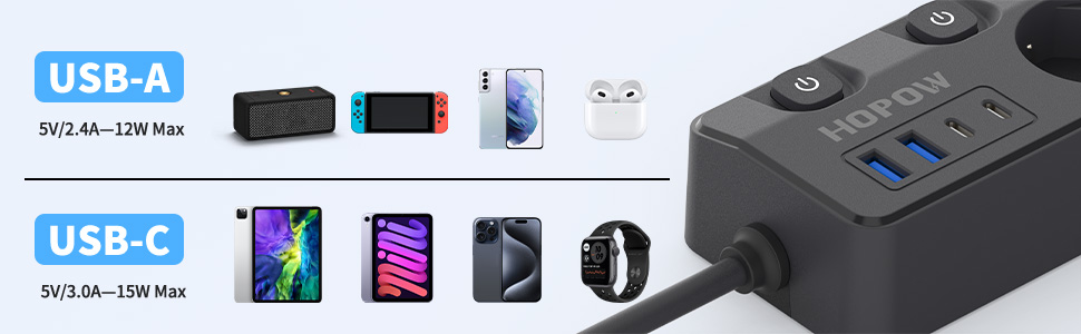 Мережевий фільтр 9-в-1 з індивідуальним вимикачем, 5 розеток, 4 USB-порти (3680W, 16A), захист від перенапруги 1050 Дж, настінний монтаж, 2 м кабель - для дому, офісу та подорожей, чорний