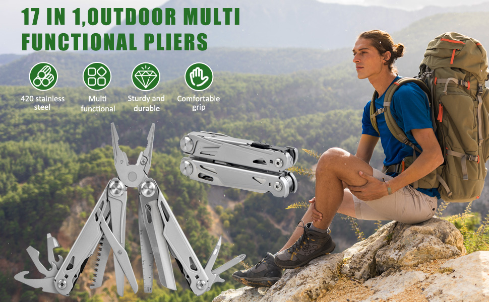 Багатофункціональний інструмент 17-в-1: плоскогубці, викрутки, ніж, пилка. З нержавіючої сталі. Для дому, відпочинку на природі, кемпінгу. Чудовий подарунок для чоловіків