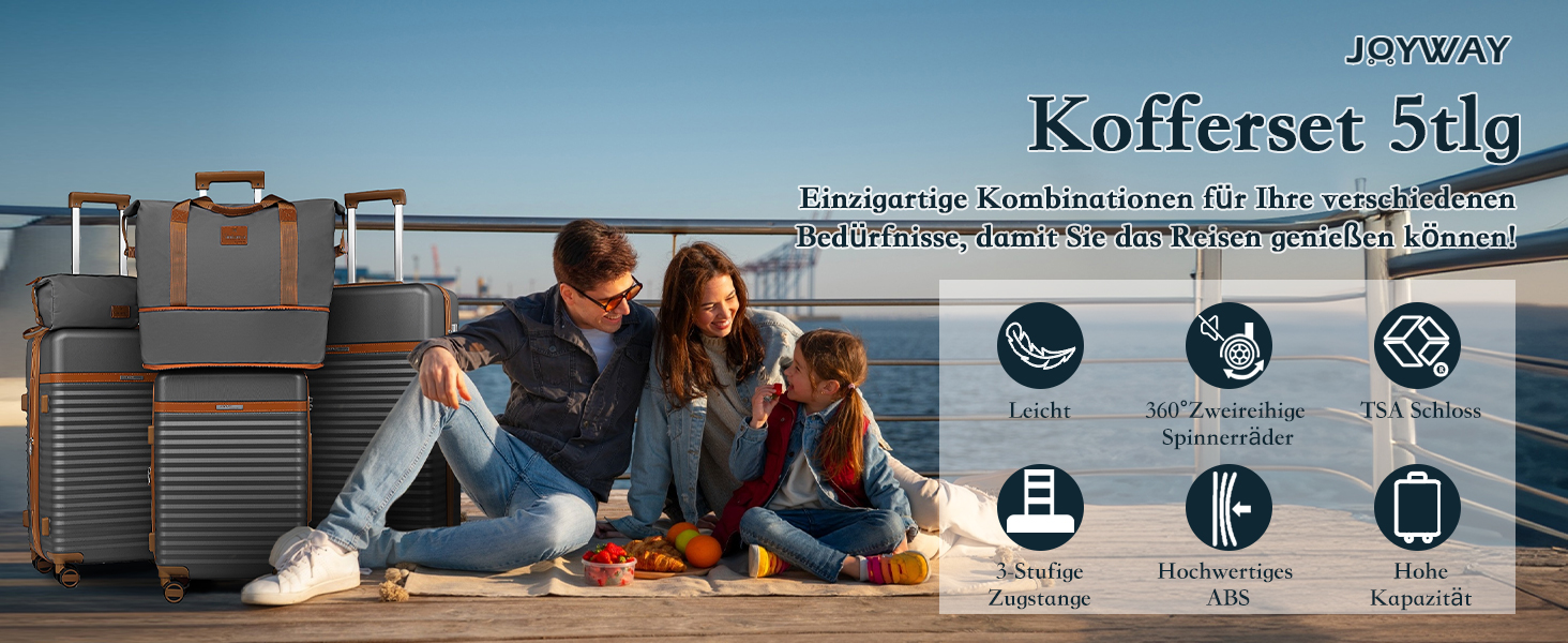 Набір валіз Joyway 5шт з ABS пластику, розширюваний, з TSA-замком, 4 колеса, сірий. Включає: валіза, сумка, кульок